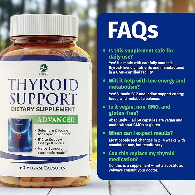 1 Body Thyroid Support Supplement for Women and Men, Selenium with Iodine, Zinc, B12, Ashwagandha and L-Tyrosine, Supports Hormone Health, Energy and Metabolism, 30 Day Supply