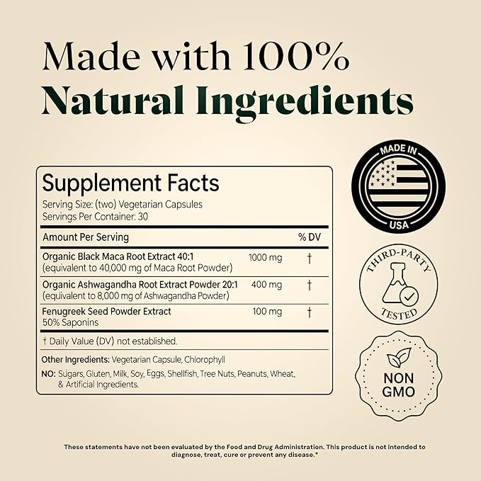 3-in-1 Organic Black Maca Root for Men and Women with Ashwagandha and Fenugreek - 1600 mg Complex - Non-GMO, Gluten-Free, Vegan (60 Capsules)