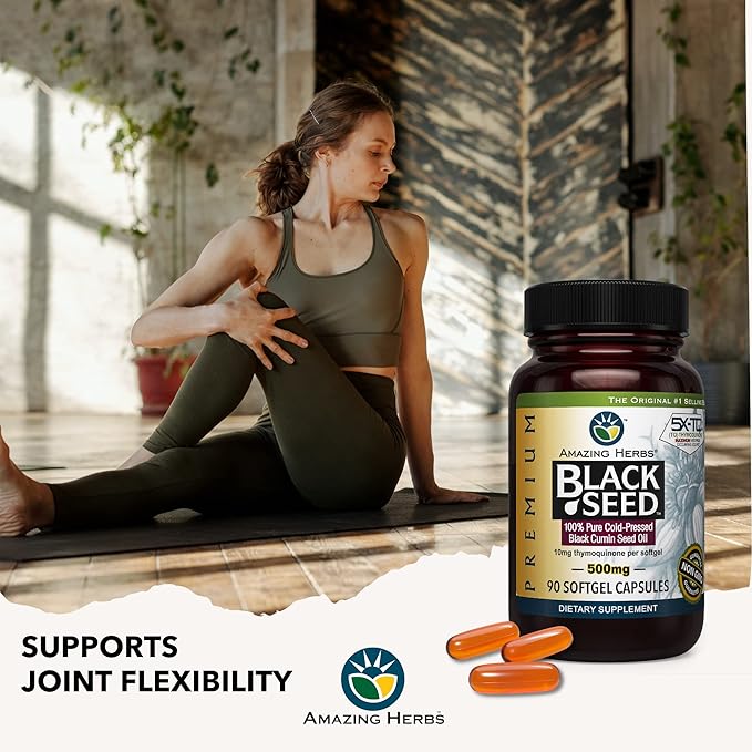 Amazing Herbs Premium Black Seed Oil Capsules - Gluten Free, Non GMO, Cold Pressed Nigella Sativa Aids in Digestive Health, Immune Support- 90 Count, (Pack of 1)