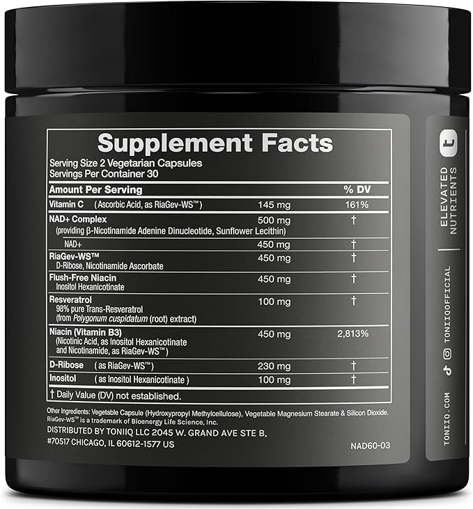 Toniiq Liposomal NAD+ and Resveratrol Supplement - 1500mg Ultra High Strength NAD Supplement - Clinically Studied Ingredients with Patented RiaGev-WS™, Resveratrol, and Niacin - 60 Capsules