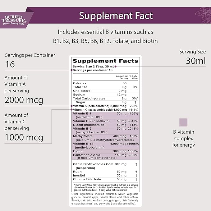 Buried Treasure B Complete - Liquid Vitamin B Complex with MethylCobalamin B12 & MethylFolate B9, Biotin, B1, B2,B3, B5, B6, Liquid & Sugar-Free, Women & Men, Dose Cup for Measuring
