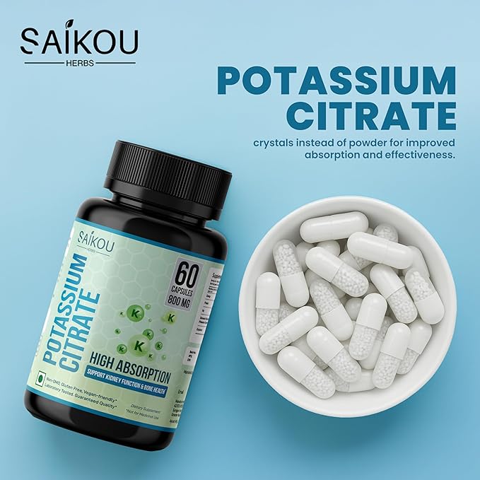 Potassium Citrate 800 mg High Absorption Potassium Supplement - 60 Servings Supports Electrolyte Balance - Pure and Potent