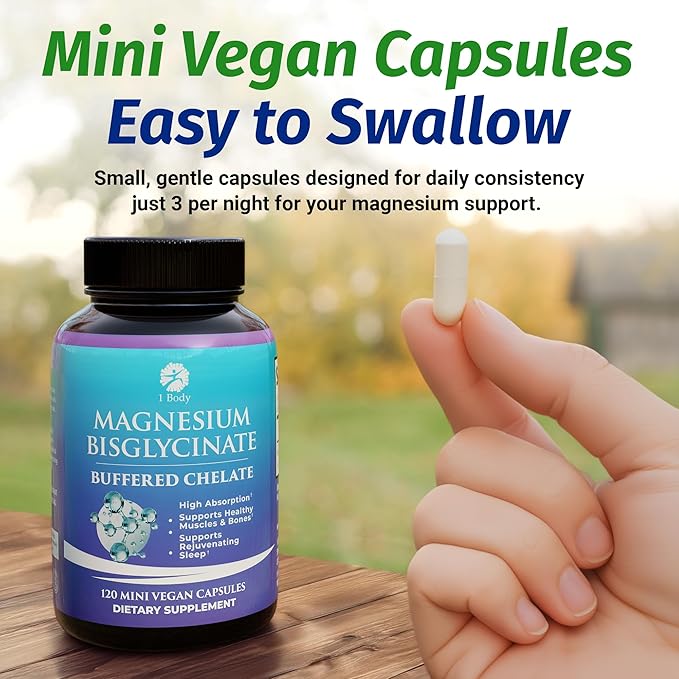 1 Body Magnesium Bisglycinate Capsules - Chelated Magnesium Supplement for Sleep Support, Muscle Cramps & Relaxation - High Absorption Formula Gentle on Stomach - 120 Count