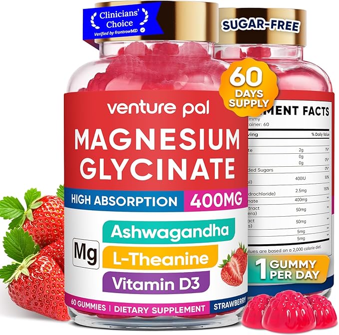 60 Day Supply Magnesium Glycinate 400mg Gummies with Ashwagandha, L-Theanine, CoQ10, Vitamin D3 & B6, Sugar Free Magnesium Gummies for Adults & Kids, Stress Relief, Sleep & Calm, Vegan, Gluten Free