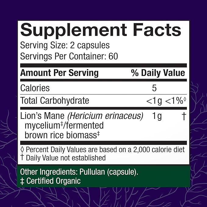 Host Defense Mushrooms Lion's Mane - Supplement Capsules for Brain Health Support - Mushroom Support for Focus & Memory Function - Immune & Nervous System Supplement - 120 Capsules