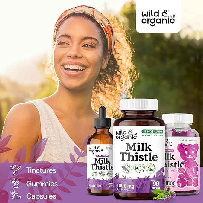 Wild & Organic Milk Thistle Capsules 1000mg - Liver Detox Supplements - Silymarin Milk Thistle Powder for Liver Cleanse - 90 Vegan Capsules - 45-Days Supply - No Fillers, Non-GMO