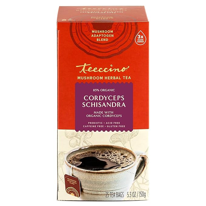 Teeccino Cordyceps Schisandra Tea - Cinnamon Berry - 25 TeaBags - Caffeine Free Mushroom Adaptogenic Herbal Tea, 3x More Herbs Than Regular Tea Bags, Naturally Sweet, Gluten Free, Prebiotic