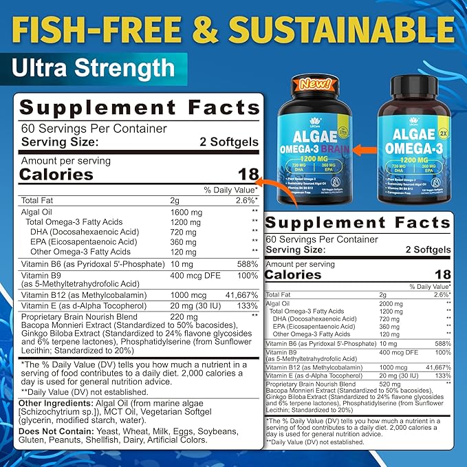 Vegan Omega 3 Supplement, 120cts Omega3 Fatty Acids Softgels, Fish Oil Alternative, Plant-Based DHA EPA, Algae Oil Omega-3 Supplement, No Fish Taste,Non GMO