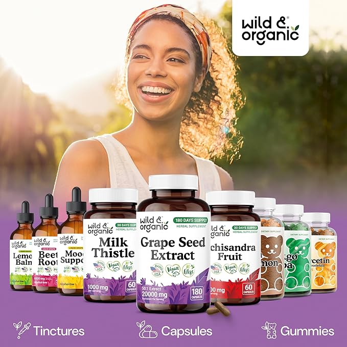Wild & Organic Grape Seed Extract Capsules - Antioxidant Support - Grapeseed Extract 400 mg - 95% Polyphenols - 180 Vegan Capsules - 6 Month Supply - Non-GMO