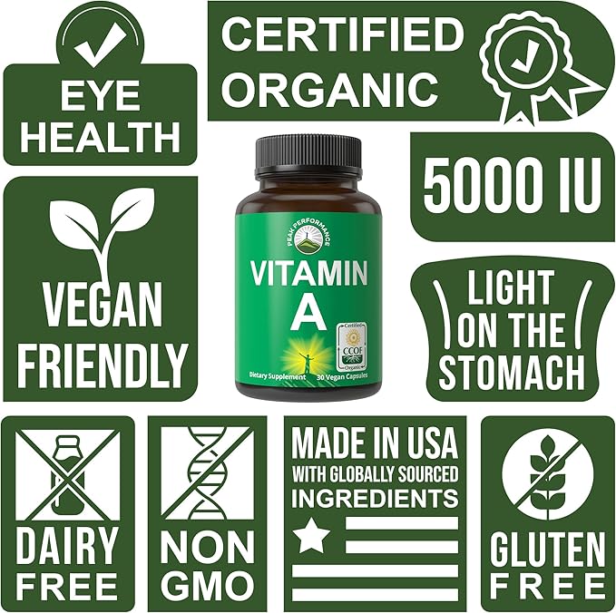Certified Organic Vitamin A 5000 IU Supplement Capsules - High Potency Vitamins - for Adults, Men, Women, Kids - Made with Carrot Juice - Great for Immune, Skin, Eye Support - Non GMO, Vegan Pills
