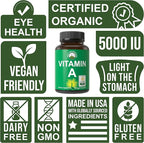 Certified Organic Vitamin A 5000 IU Supplement Capsules - High Potency Vitamins - for Adults, Men, Women, Kids - Made with Carrot Juice - Great for Immune, Skin, Eye Support - Non GMO, Vegan Pills