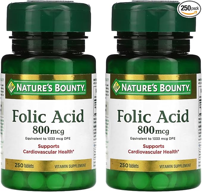 Nature's Bounty Folic Acid 800 mcg Vitamin Supplement Maximum Strength - 250 Tablets, Pack of 2