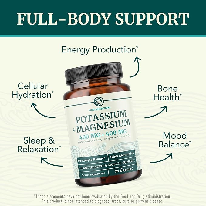 Potassium Magnesium Supplement | High Strength Electrolyte Balance for Heart Health & Muscle Support | 400 MG Potassium + 400 MG Magnesium | Energy, Bone Health, Sleep & Mood Support | 90 Ct.