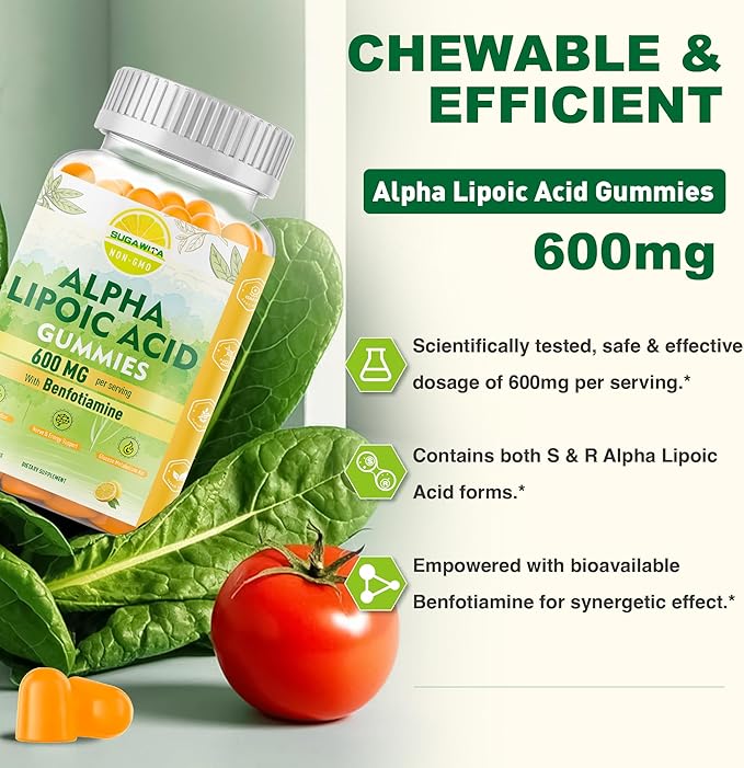 Alpha Lipoic Acid 600mg with Benfotiamine for Nerve Support, Antioxidant Support, ALA Supplement R Alpha Lipoic Acid Gummies - Vegan, Sugar-Free, 2 Packs, 120 Counts