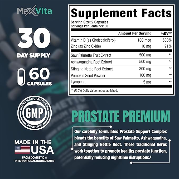 MaxVita Prostate Premium - Saw Palmetto for Men, Stinging Nettle, Ashwagandha, Lycopene, Bladder & Urinary Relief, Prostate Supplement for Men, 60ct