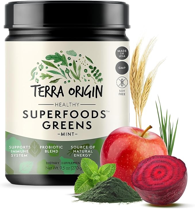 TERRA ORIGIN Healthy Superfood Greens Powder Drink with Probiotics & Ashwagandha | Adaptogen & Digestive Enzyme Fruit and Veggie Blend | for Gut Health, Energy, Immune Support* | 30 Servings | Mint