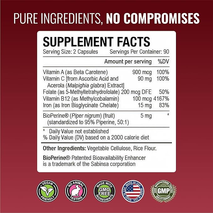 Approved Science Anemiaprin - Absorbable Iron, Vitamin C - Gentle On Stomach - 180 Capsules - 3 Month Supply - Non-GMO, Vegan