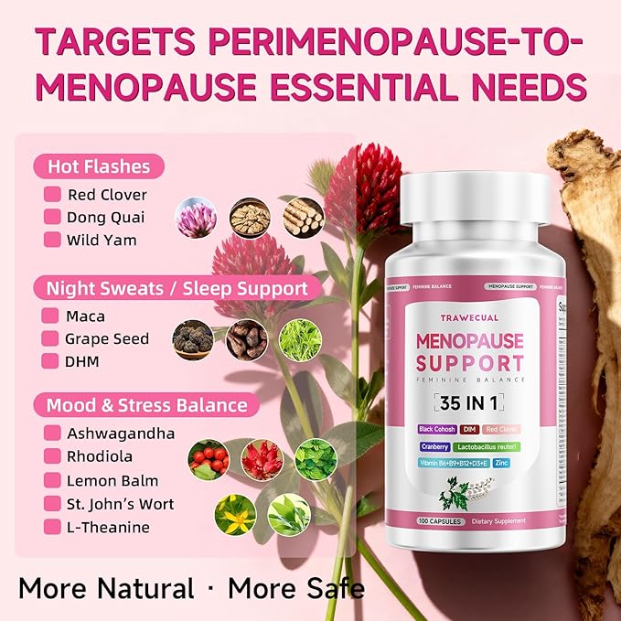 Menopause Supplements For Women, 400mg Black Cohosh & 200mg DIM for Hot Flashes, Night Sweats Relief & Hormone Balance, 35-in-1 with Probiotics, Ashwagandha & Red Clover, 200 Capsules/100-Day Supply