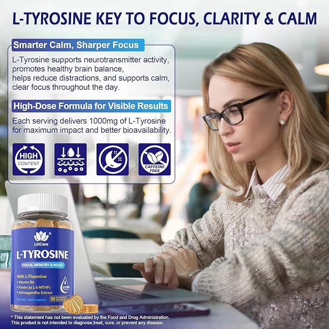 L Tyrosine Focus Supplement Gummies 1100mg for Adults, Brain Supplements for Memory and Focus, L-Tyrosine Gummies with Ashwagandha, I-Theanine for Calm & Mood - Vitamin B6 & B9 for Energy-Vegan, 60ct