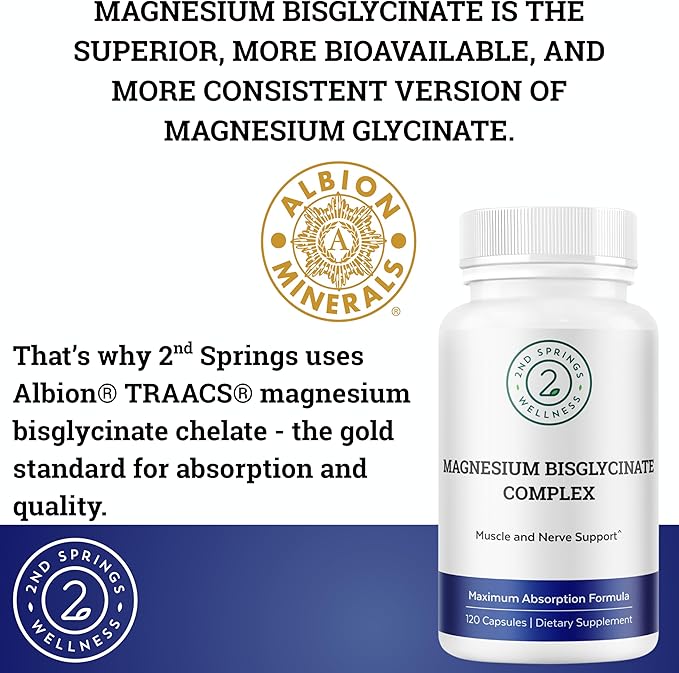 Magnesium Bisglycinate Complex 400mg – Albion TRAACS Chelated Magnesium for Maximum Absorption – Gentle on Stomach, Highly Bioavailable Magnesium Supplement – 120 Capsules