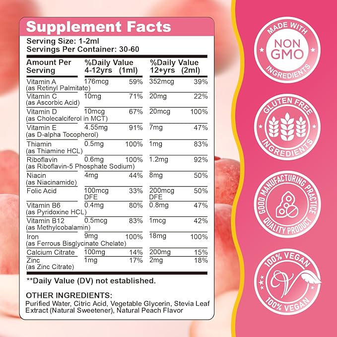 Liquid Iron Supplement for Kids, Women & Men - with Calcium, Zinc, Kids Multivitamin with Iron Drops - Blood Builder & Energy Support for Iron Deficiency, Anemia, Peach Flavor 2 Fl Oz