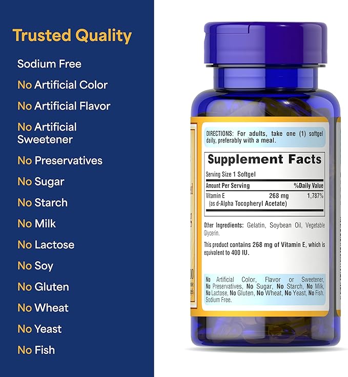 Puritan's Pride Vitamin E-268mg (400IU) D-Alpha Tocopheryl, Vitamin Supplement for Immune System Function and Antioxidant Health Support, 100 Rapid Release Softgels