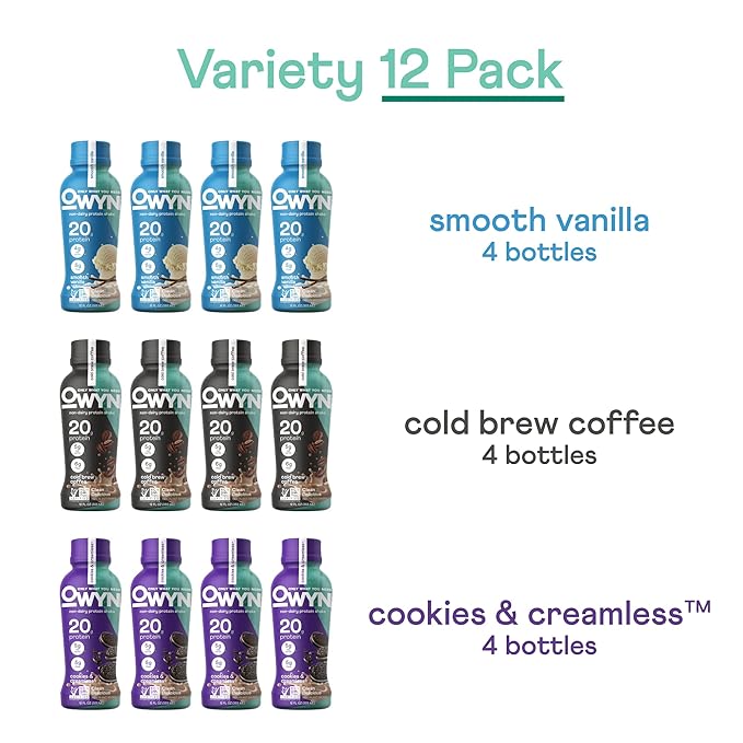 OWYN Only What You Need Protein Shake Variety Pack, Vanilla, Cold Brew Coffee, Cookies and Creamless Flavored Protein Shakes, 20g Protein, 4g Sugar, 3g Fiber, Dairy Free, Plant Based Protein, 12 CT