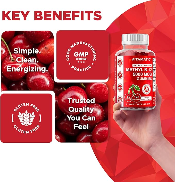 Vitamatic 2 Packs Extra Strength Vitamin B12 5000 mcg (Methyl B12) Gummies - 120 Count - Energy Metabolism Support and Nervous System Health Support, Natural Cherry Flavored