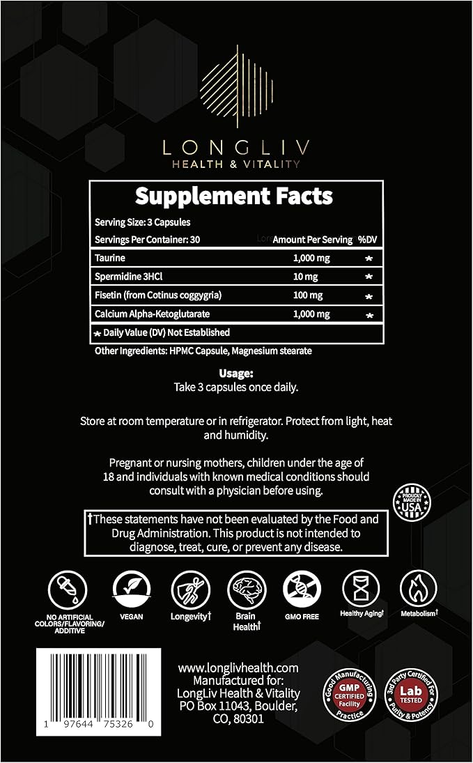 Longevity4Life - Ultimate Cellular Health Supplement - Fisetin, Taurine, Calcium Alpha-Ketoglutarate, and Spermidine Capsules for Longevity and Vitality - Made in USA - Physician Formulated