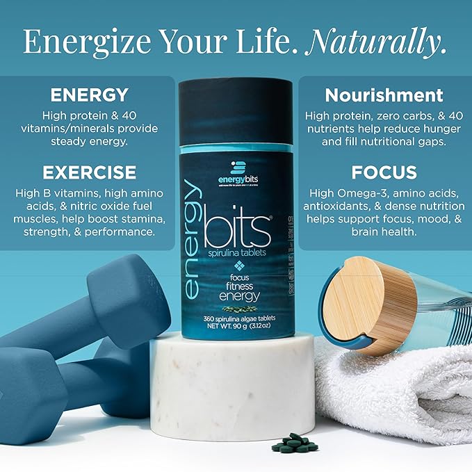 ENERGYBITS - Organic Spirulina Tablets - Plant-Based Algae Superfood - for Focus, Fitness, Energy - Plant Protein - Gluten Free - Collagen, Vitamin B12, Omega 3 - Keto & Vegan - 60 Algae Tablets