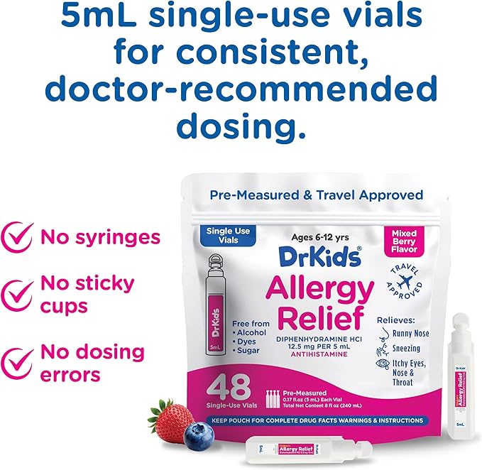 Dr. Kids Children's Allergy Relief Medicine with Diphenhydramine HCl 12.5 mg - Pre-Measured Single-Use Vials, Kids Antihistamine for Sneezing, Runny Nose & Itchy Eyes, Mixed Berry Flavor, 48 Count