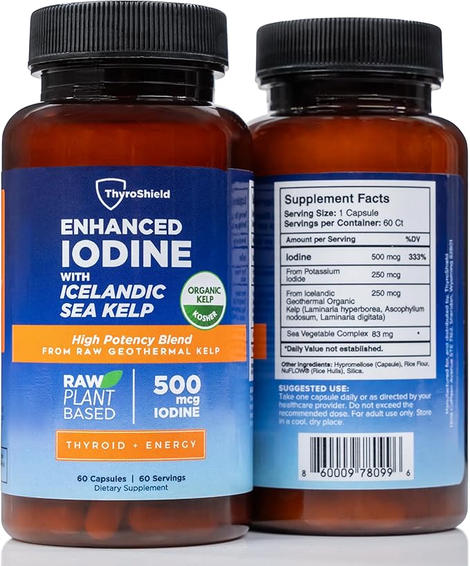 Iodine Supplement – 500 mcg Pure, Raw Form Whole Food Iodine, Potassium Iodide, Icelandic Sea Kelp & Trace Minerals – Daily Thyroid Support for Energy, Metabolism, Vegan – 60 Capsules