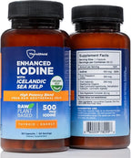 Iodine Supplement – 500 mcg Pure, Raw Form Whole Food Iodine, Potassium Iodide, Icelandic Sea Kelp & Trace Minerals – Daily Thyroid Support for Energy, Metabolism, Vegan – 60 Capsules