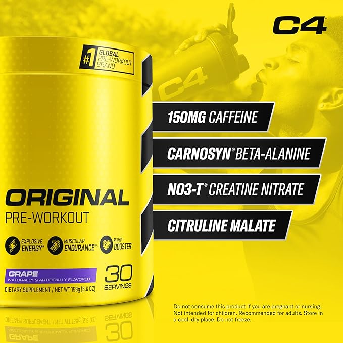 C4 Original Pre-Workout Powder For Endurance, Focus & Performance with 150mg Caffeine, Beta-Alanine, Creatine, Sugar Free Pre-Workout for Men & Women, 30 Servings, Grape