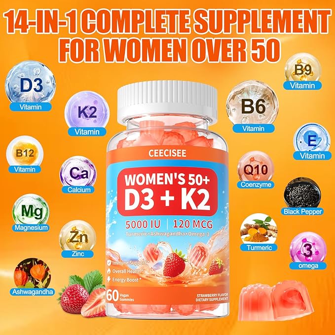 Vitamin D3 K2 Gummies Supplement for Women 50+: Organic Vitamin D3 5000 IU + K2 (MK-7) 120 mcg with 500mg Omega-3, 400mg Calcium, CoQ10 for Immune Health - Extra Strength for Adults(120Count)