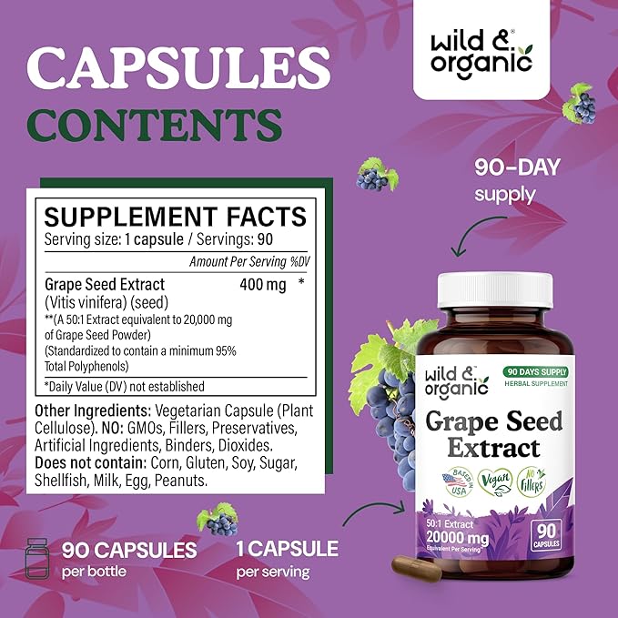 Wild & Organic Grape Seed Extract Capsules - Antioxidant Support - Grapeseed Extract 400 mg - 95% Polyphenols - 3 Month Supply - 90 Vegan Capsules - Non-GMO