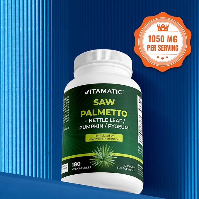 Vitamatic Saw Palmetto Extract for Men & Women 180 Veg Capsules - Made with Pumpkin Seed, Pygeum, Nettle Leaf - Made in the USA - Promotes Healthy Prostate Function