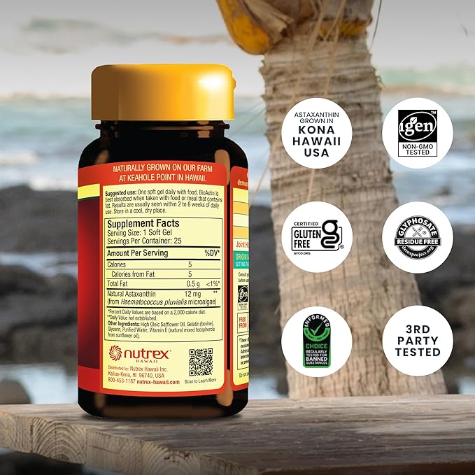 Nutrex Hawaii BioAstin Hawaiian Astaxanthin - 12mg, 25 Softgels - Farm-Direct Premium Antioxidant Supplement to Support Eye, Skin, Joint & Immune System Health - Non-GMO & Gluten-Free