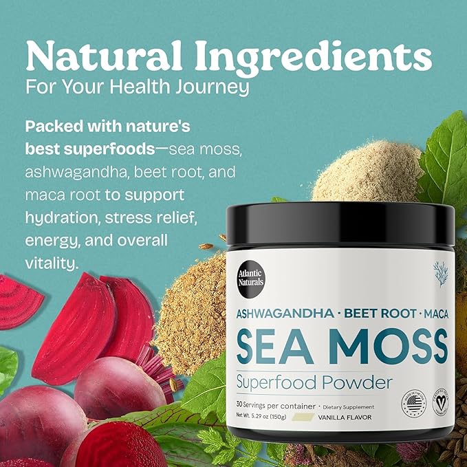 Atlantic Naturals Superfood Organic Sea Moss Powder Blend with Ashwagandha, Maca Root & Beet Root | Ideal for Healthy Skin, Positive Mood & Energy | Vanilla Flavor (150g)
