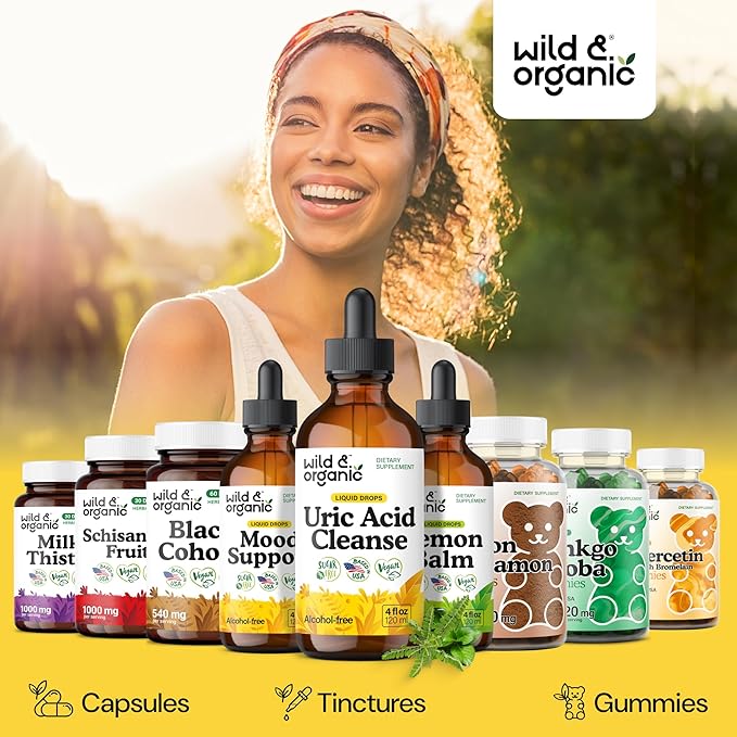 Wild & Organic Uric Acid Cleanse Liquid Drops - Tart Cherry, Turmeric, Celery, Chanca Piedra, Dandelion Root Extract Complex - Uric Acid Supplement - Vegan, Sugar & Alcohol-Free Tincture - 4 fl oz