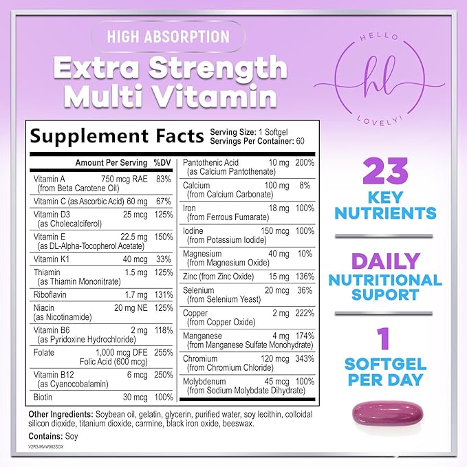 Multivitamin For Women - Complete Daily Woman's Multivitamins with Biotin, Calcium, Folic Acid, Iron, Zinc, Vitamin A, C, D, E & B Vitamins, Women's Hair Skin and Nails Supplements - 60 Softgels