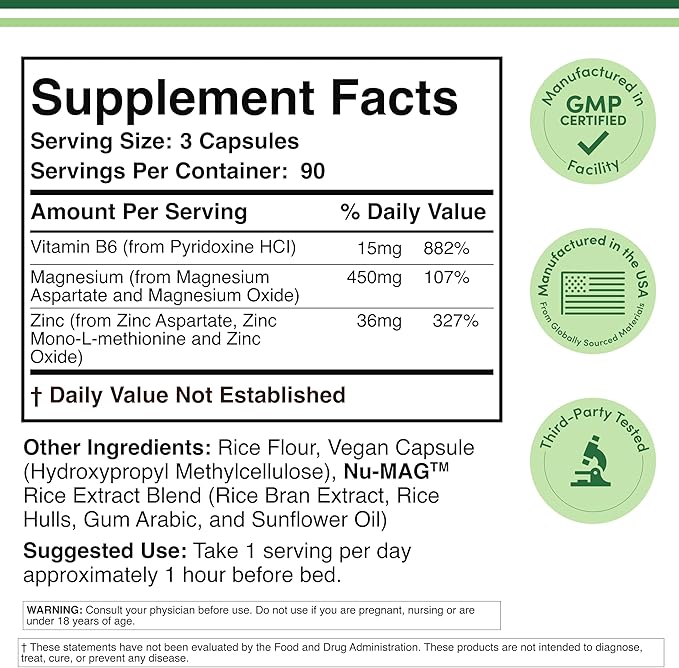 ZMA Supplement for Men and Women (Over 100% Daily Value of Zinc, Magnesium Aspartate, Vitamin B6) 501mg, 90 Capsules for Restfulness and Active Lifestyle Support by Double Wood Supplements (Pack of 2)