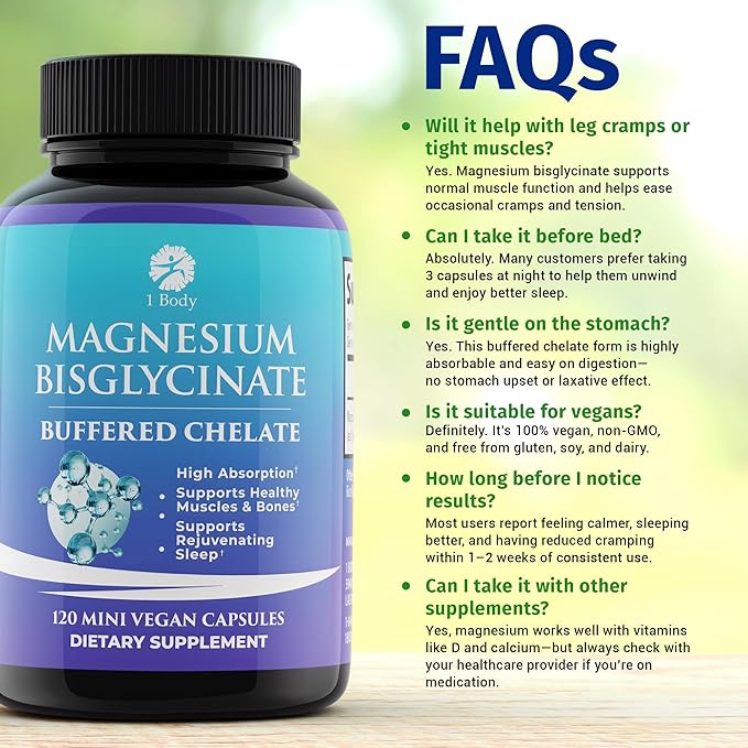 1 Body Magnesium Bisglycinate Capsules - Chelated Magnesium Supplement for Sleep Support, Muscle Cramps & Relaxation - High Absorption Formula Gentle on Stomach - 120 Count