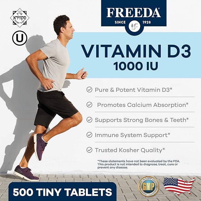 FREEDA Pure Vitamin D3 1000 IU – Daily Maintenance Dose – Bone Health, Joint, Muscle & Immune Support – Vit D3 Vitamin D Supplement for Women & Men – 25 mcg 1,000 IU Easy-to-Swallow (500 Tiny Tablets)