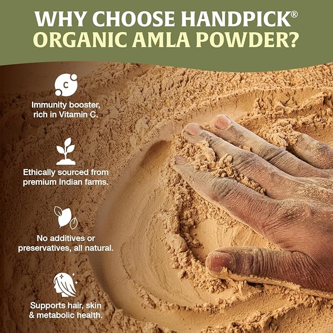 HANDPICK Organic Amla Powder (14oz) Amalaki, USDA Organic, Non-GMO | 100% Raw and Natural - Lab Tested for Purity | Indian Gooseberry Powder | Resealable Zip Lock Pouch