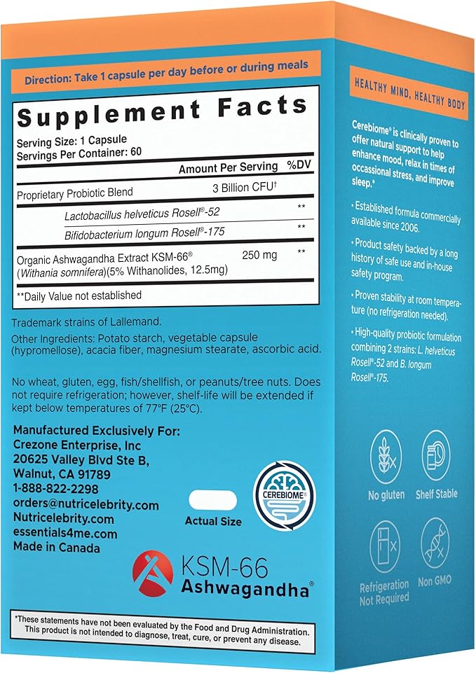 Nutricelebrity Optimal Stress Relief Supplement, Mood Support, Sleep Aid, Ashwagandha Organic, KSM-66, Brain Focus, Probiotics for Women, Gut Health, Vegan Non GMO 60 Days Supply
