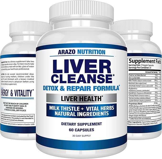 Arazo Nutrition Liver Cleanse Detox & Repair Formula – Milk Thistle Herbal Support Supplement: Silymarin, Beet, Artichoke, Dandelion, Chicory Root (Pack of 2)
