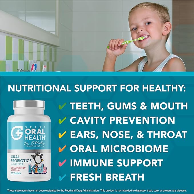 Oral Probiotics for Mouth Bad Breath Treatment for Kids Dental Care & Cavity Prevention with BLIS K12 M18 – Dr Formulated Dental Probiotics for Teeth and Gums, 30 Chewable Tablets Strawberry Vanilla