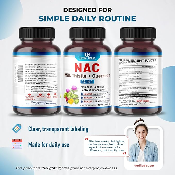 NAC Supplement N-Aetyl Cysteine Enriched with Milk Thistle, Quercetin - Support Immunity, Respiratory Health & Liver Detox | 150 Capsules