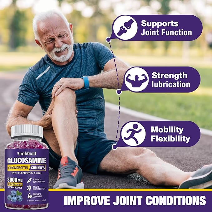 Simhould 3 Packs Glucosamine Chondroitin Gummies - 3000MG Extra Strength Joint Support Supplement with MSM & Elderberry, Flexibility, Antioxidant Immune Support Gummy for Adults, Men & Women